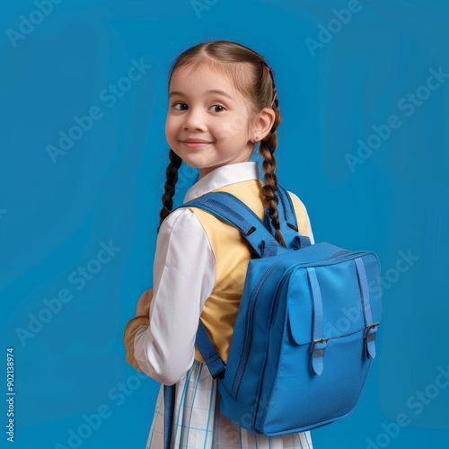 American child 5 years old with a blue backpack, in a full-length school uniform on a blue pastel rich background
