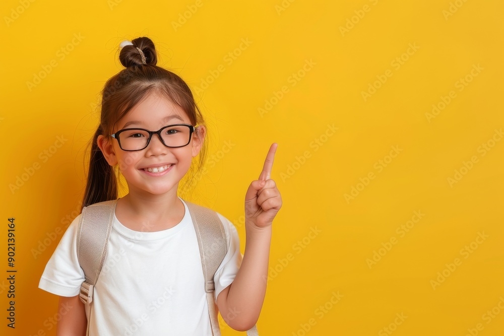 little Asian beauty girl illustration 10 years old, smile, looking at camera, white t-shirt, glasses, backpack), pupil points with her finger to the side on yellow background little Asian beauty girl illustration 10 years old, smile, looking at camera, white t-shirt, glasses, backpack), pupil points with her finger to the side on yellow background