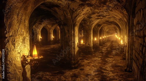Underground passage under old medieval fortress. Old stone stairs to exit of tunnel.