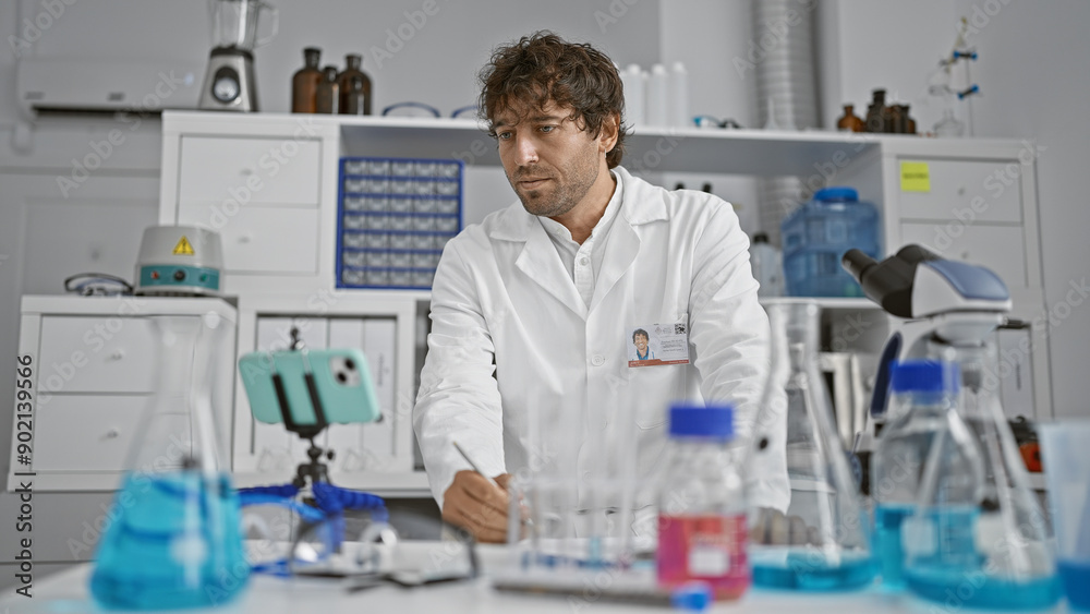 A man in a lab coat takes notes in a chemistry laboratory filled with scientific equipment. A man in a lab coat takes notes in a chemistry laboratory filled with scientific equipment.