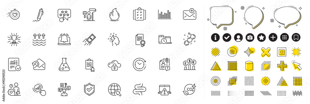Set of New mail, Chemistry lab and Chemical formula line icons for web app. Design elements, Social media icons. Internet, Co2 gas, Timer icons. Intestine, Bar diagram, Signature signs. Vector Set of New mail, Chemistry lab and Chemical formula line icons for web app. Design elements, Social media icons. Internet, Co2 gas, Timer icons. Intestine, Bar diagram, Signature signs. Vector