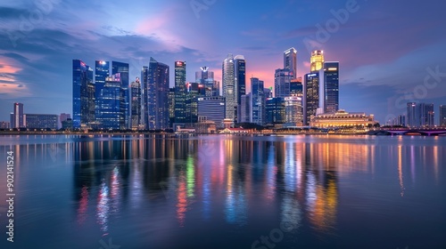 Singapore Skyline and view of skyscrapers on Marina Bay at sunset.
