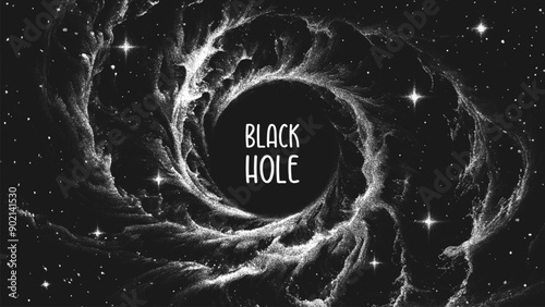 Amazing huge nebula with massive black hole in deep space. Circle shape for banner or poster in stippling style. Retro styled dotwork. Pointillism. Noisy grainy shading using dots. Vector illustration