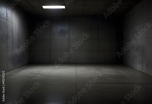 A dark, empty room with a concrete floor and walls. The room appears to be dimly lit, creating a moody and somber atmosphere © nissrine