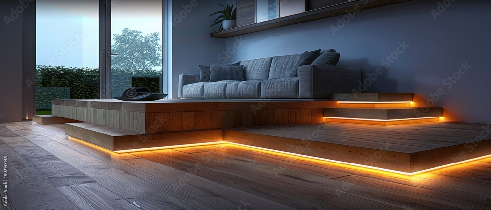 Obraz premium Floating steps with LED strip lights underneath each stair
