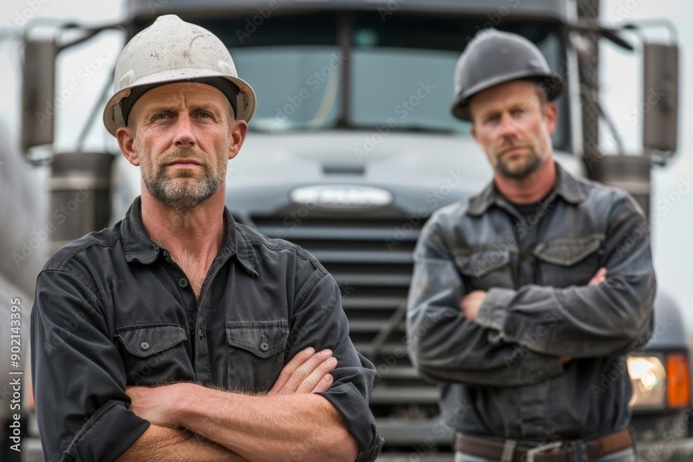 Construction Workers Standing Near Large Truck Construction Workers Standing Near Large Truck