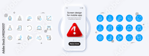 Recovery data, Chemistry lab and Settings blueprint line icons. Phone mockup with 3d danger icon. Pack of Square area, Home insurance, Fake information icon. Vector