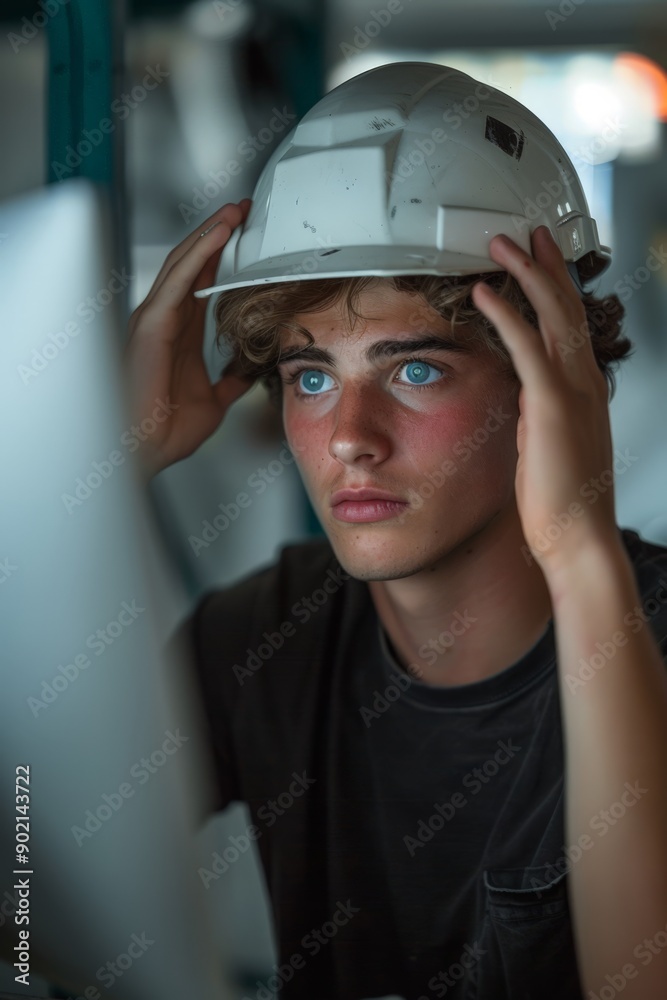 Young man wearing a hard hat, focused on a computer screen. Young man wearing a hard hat, focused on a computer screen.