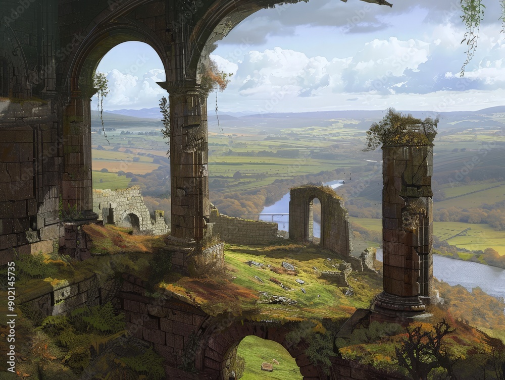 Ancient ruin overlooking a vast landscape, with stone pillars and ...