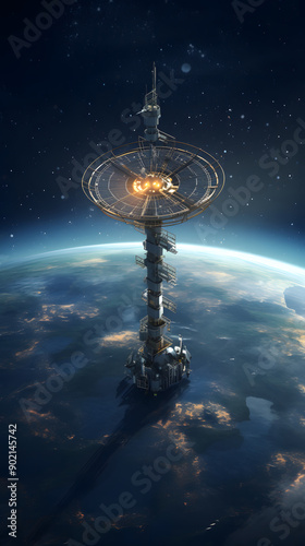 Fototapeta Naklejka Na Ścianę i Meble -  A futuristic space station with a circular platform, a long, narrow tower, and a glowing light source, orbiting a blue planet against a starry backdrop.