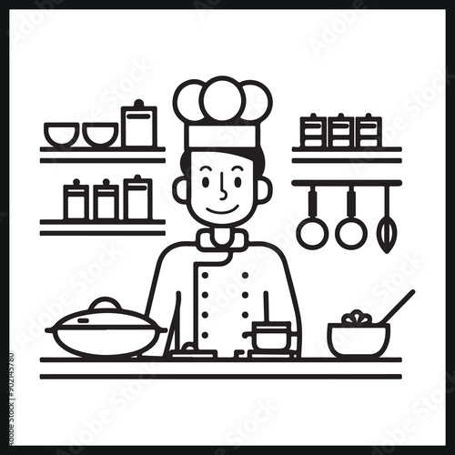 Chef in Kitchen clipart silhouette on a white background