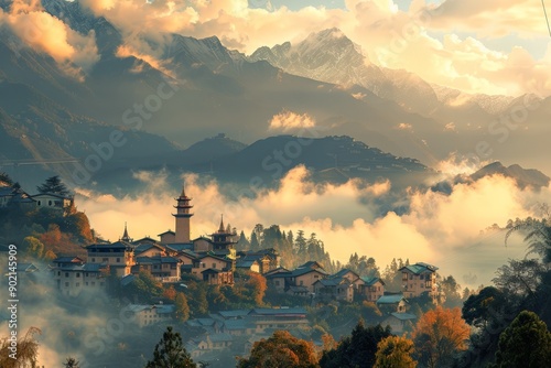Mountain Village at Sunrise with Fog