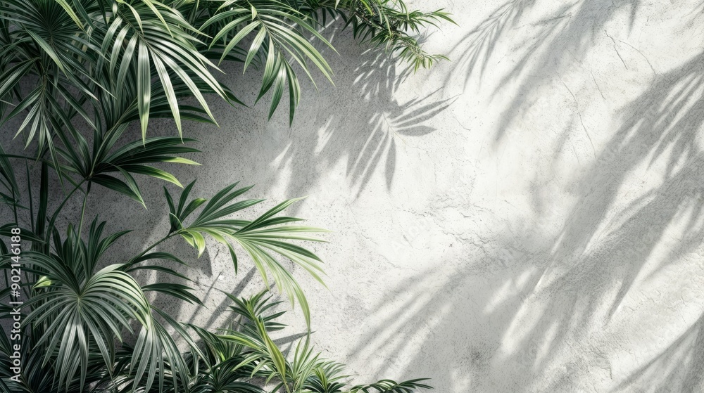 Green tropical plants with shadows on white wall Green tropical plants with shadows on white wall