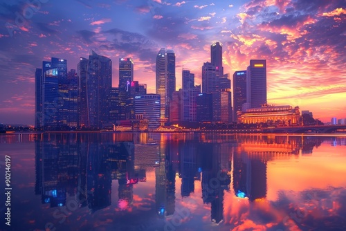 Vibrant City Skyline at Sunset, Reflection on Calm Water