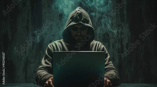 Anonymous hacker typing on a laptop, with a dark, mysterious background and the glow from the screen casting shadows on their hands, suggesting stealth 