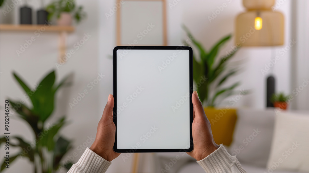 © Iana - Person holding black tablet iPad Pro vertical with white blank screen, mockup, sitting at a modern desk with a desk lamp and a green plant in the background