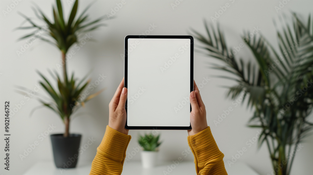 woman holding black tablet iPad Pro vertical with white blank screen, mockup, white shelf with plants in the background woman holding black tablet iPad Pro vertical with white blank screen, mockup, white shelf with plants in the background
