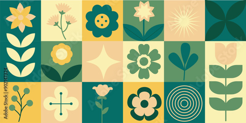 Geometric seamless floral eco pattern. Natural mosaic background with flowers, plants and simple shapes. Bauhaus style.
