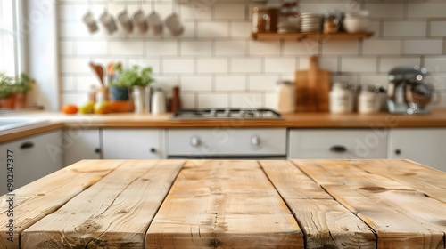 Empty wooden table with a softly blurred kitchen backdrop, perfect for highlighting culinary products or dishes