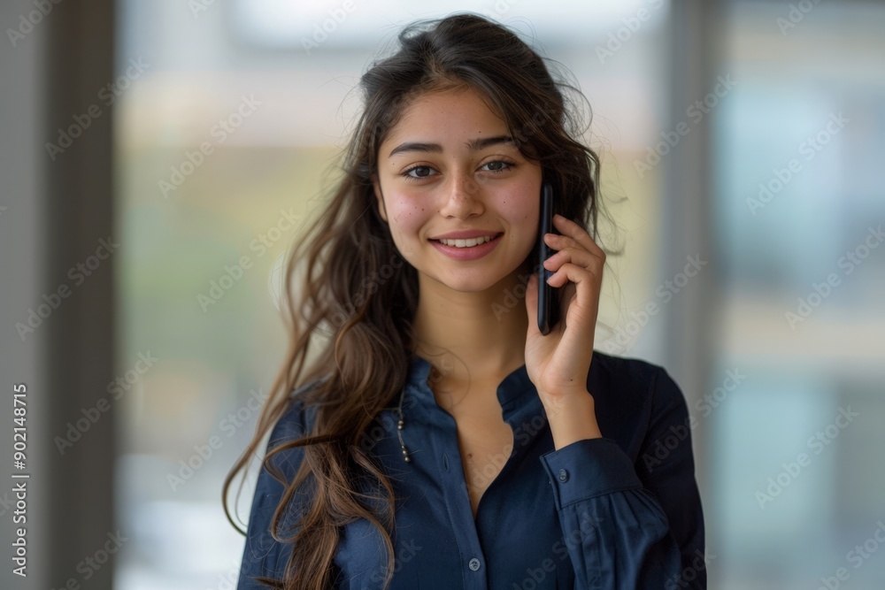 Smiling Woman Talking on Cell Phone in Office Setting Smiling Woman Talking on Cell Phone in Office Setting