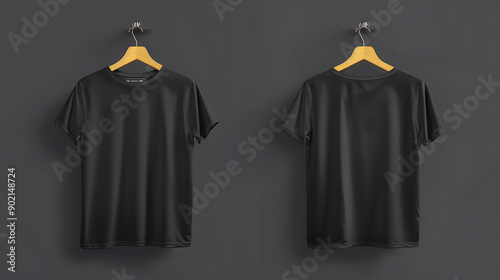 Black T-Shirt Mock-up on wooden hanger, front and rear side view. High resolution.