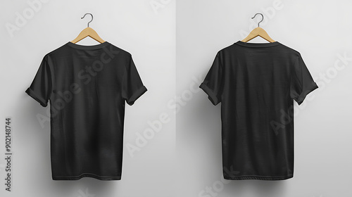 Black T-Shirt Mock-up on wooden hanger, front and rear side view. High resolution.