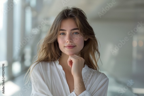 Confident Woman in White Blouse, Smiling in Modern Office Space