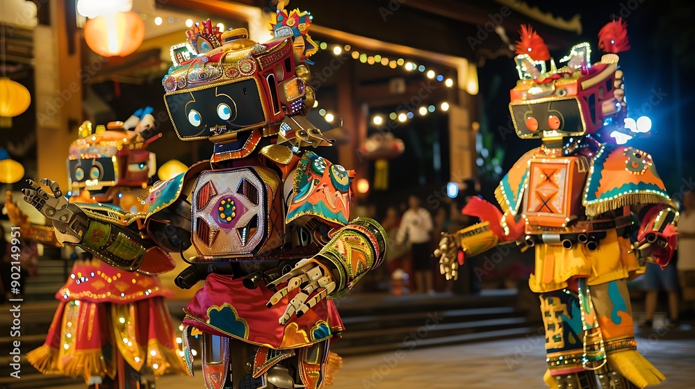 Lively performance of robots in Betawi traditional dance costumes with elaborate stage decorations representing a dynamic celebration of cultural dance traditions Lively performance of robots in Betawi traditional dance costumes with elaborate stage decorations representing a dynamic celebration of cultural dance traditions