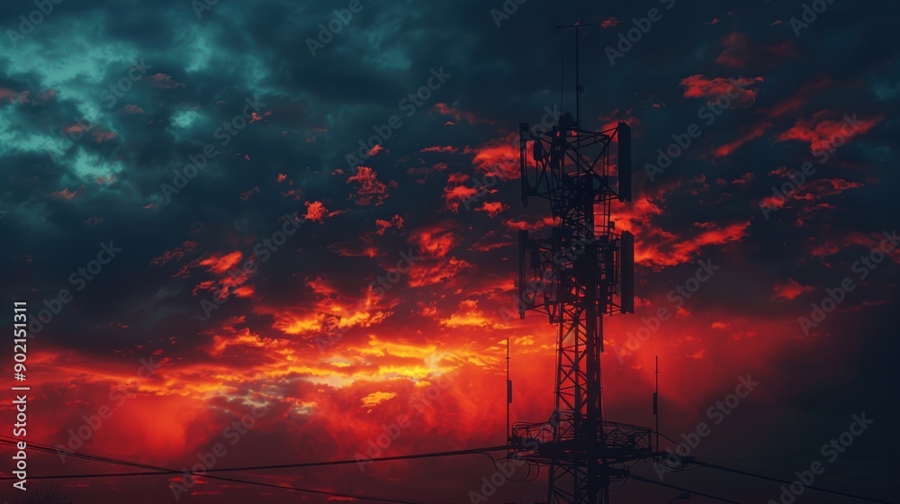 Naklejka premium Telecommunication Tower Silhouette Against Dramatic Sunset Sky