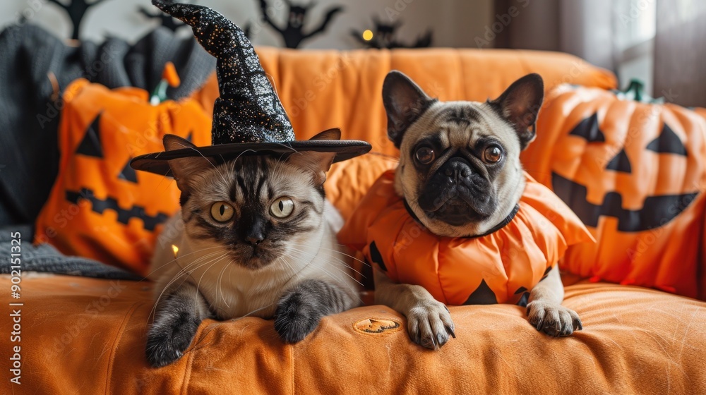 A cat and a dog are sitting on a couch with Halloween decorations around them. A cat and a dog are sitting on a couch with Halloween decorations around them.