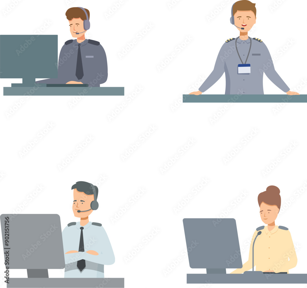 Set of four customer service representatives working on computers with headsets Set of four customer service representatives working on computers with headsets