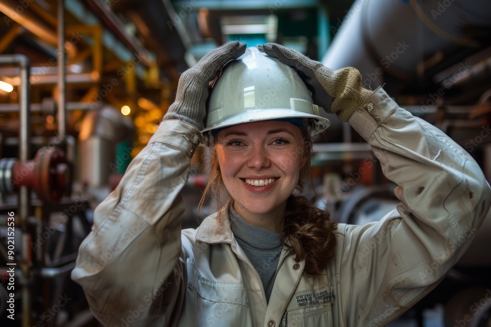 Smiling Construction Worker Wearing Hard Hat and Gloves in Industrial Setting Smiling Construction Worker Wearing Hard Hat and Gloves in Industrial Setting