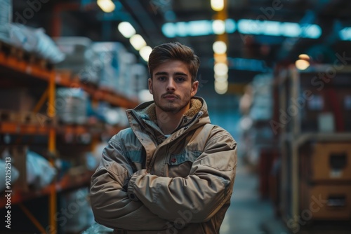 Young Man in Jacket, Standing in Industrial Warehouse