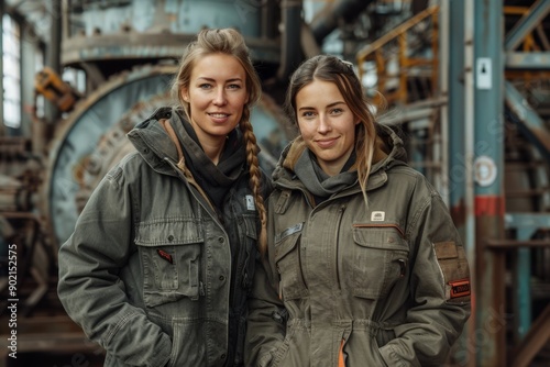 Two women in industrial workwear, smiling confidently in a factory setting.