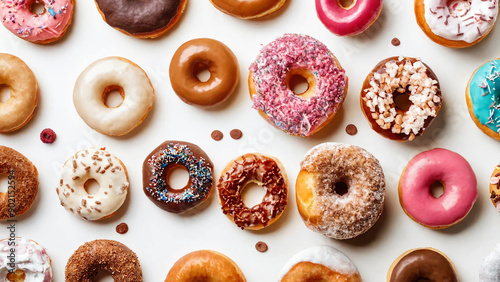 Variety of donuts on a white background, 16:9, 300 dpi, with space for text