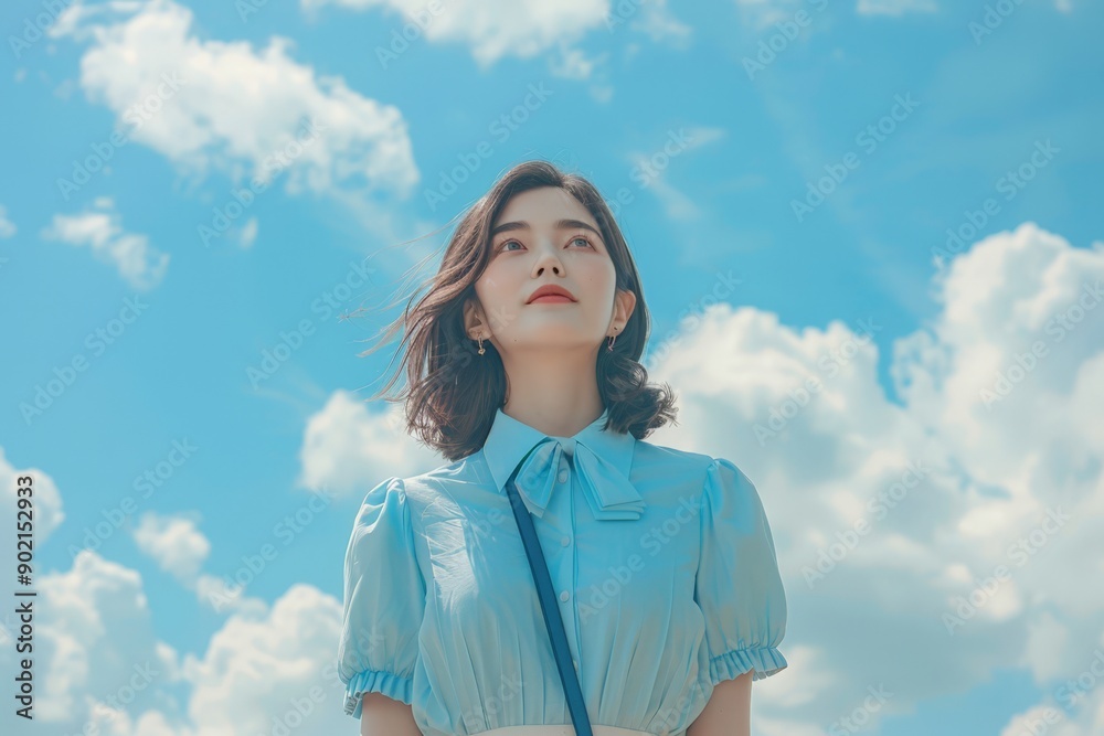 Woman in a Blue Blouse Gazing into the Sky on a Cloudy Day Woman in a Blue Blouse Gazing into the Sky on a Cloudy Day