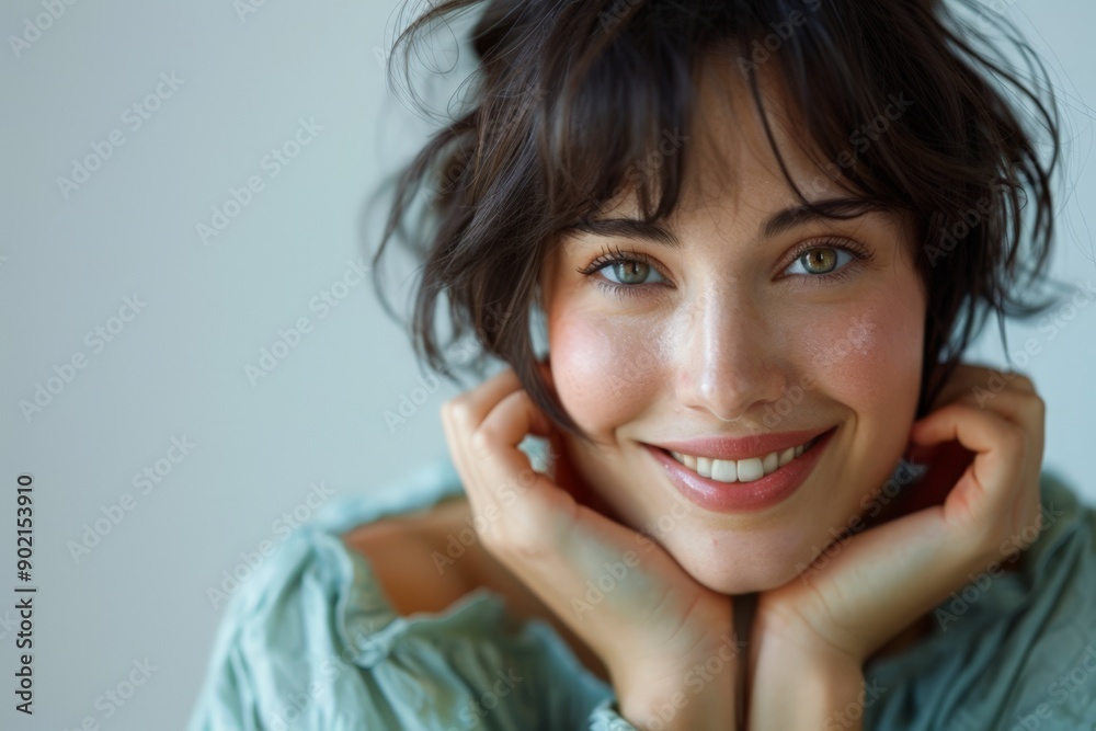 Happy Woman with Hands on Face, Smiling at the Camera Happy Woman with Hands on Face, Smiling at the Camera