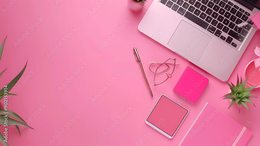 modern header / hero image or banner with laptop computer, smartphone, air plant, open notebook and feminine accessories on a bright blush background, home office scene, flat lay / top view modern header / hero image or banner with laptop computer, smartphone, air plant, open notebook and feminine accessories on a bright blush background, home office scene, flat lay / top view
