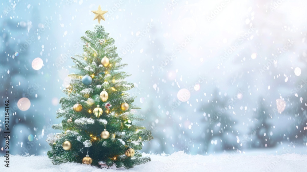 Snowy Christmas Tree with Golden Ornaments Snowy Christmas Tree with Golden Ornaments