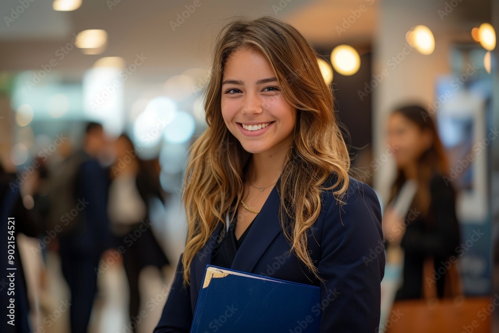 Smiling Businesswoman with Binder, Office Environment Smiling Businesswoman with Binder, Office Environment
