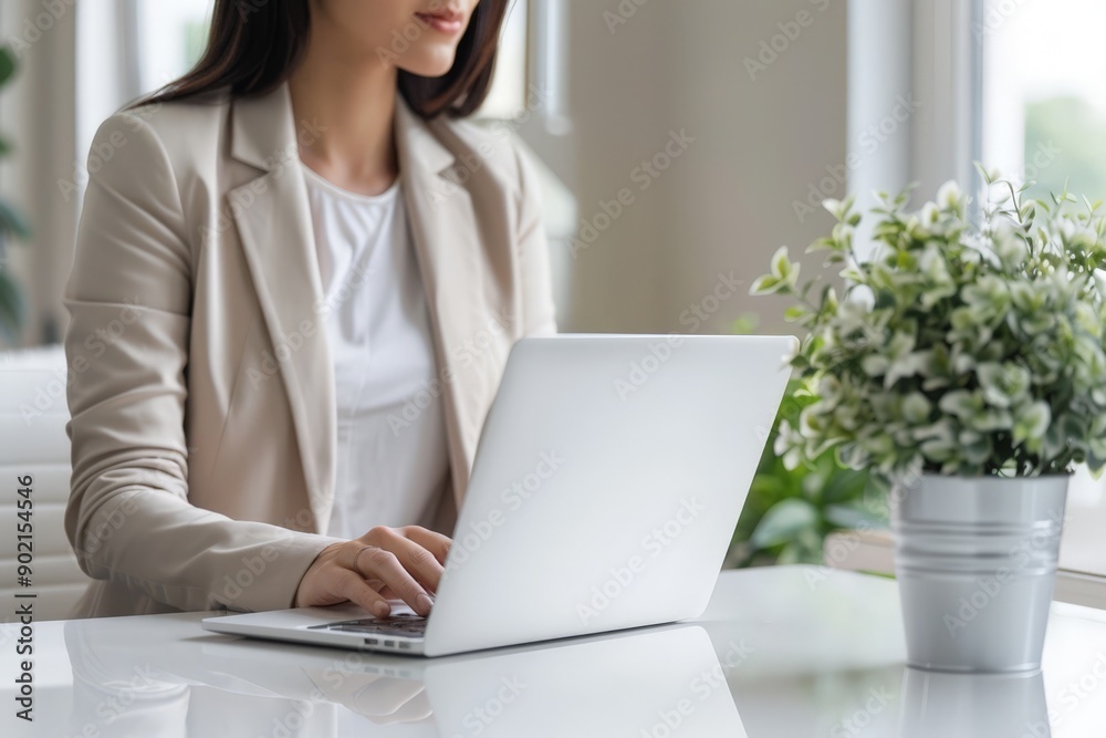 Businesswoman working on a laptop at a desk with a potted plant in the background. Businesswoman working on a laptop at a desk with a potted plant in the background.