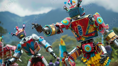 Robots performing the traditional Saman dance with colorful costumes against the stunning backdrop of the Aceh mountains highlighting cultural fusion and technology in dance photo