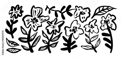 Collection of brush drawn naive flowers. Silhouettes of poppy or chamomile stems. Simple abstract hand drawn various floral branches. Vector bold stems in childish or doodle style. Ink illustration.