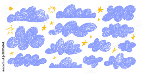 Collection of crayon drawn blue clouds and yellow cute stars in kid's style. Pencil drawings childish icons isolated on white.