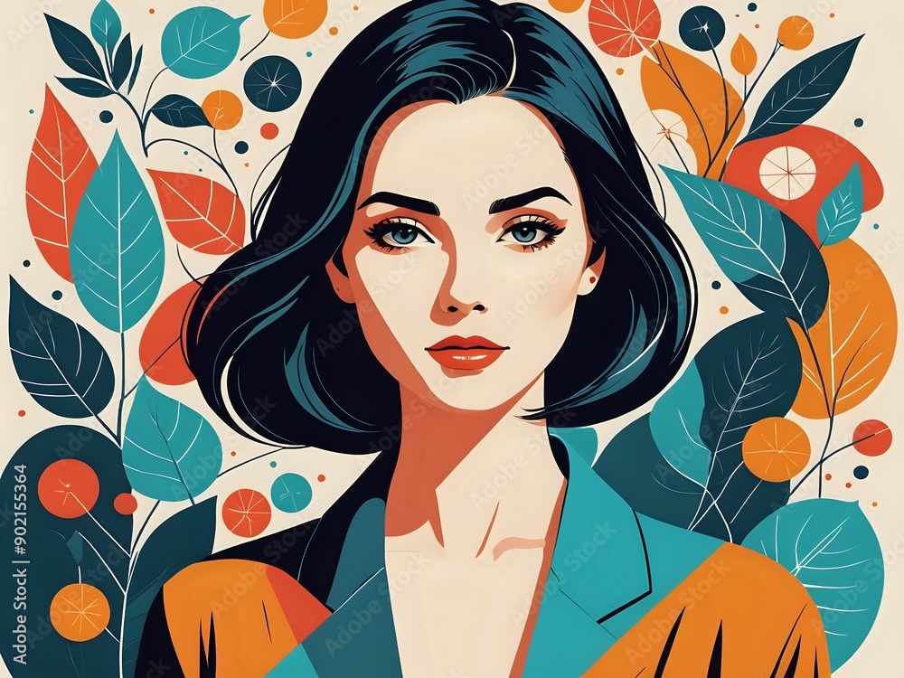 A colorful illustration of a woman with black hair, wearing an orange and blue outfit, surrounded by abstract leaves. A colorful illustration of a woman with black hair, wearing an orange and blue outfit, surrounded by abstract leaves.
