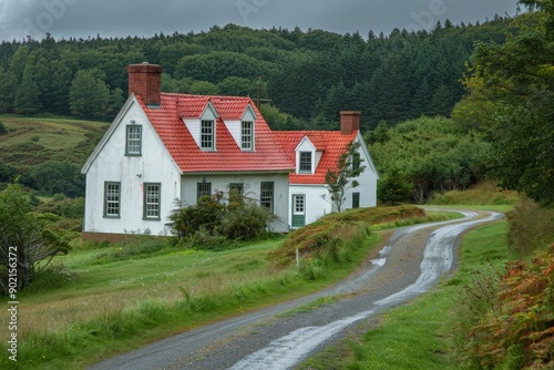 Rural House with Red Roof on a Winding Gravel Road