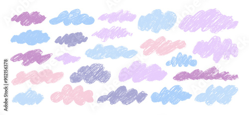 Collection of hand drawn fluffy clouds in kid's style in pastel colors. Crayon drawn cloud icons with rough sketch texture.