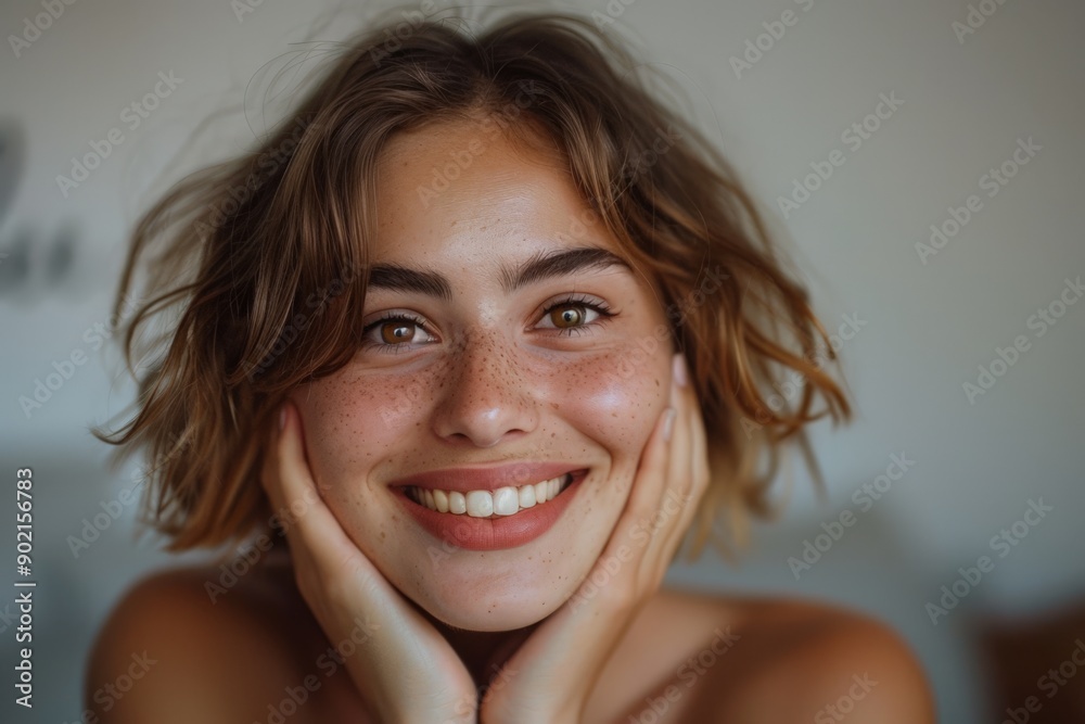 Smiling Woman with Freckles, Hands on Face, Joyful Expression, Casual Setting Smiling Woman with Freckles, Hands on Face, Joyful Expression, Casual Setting