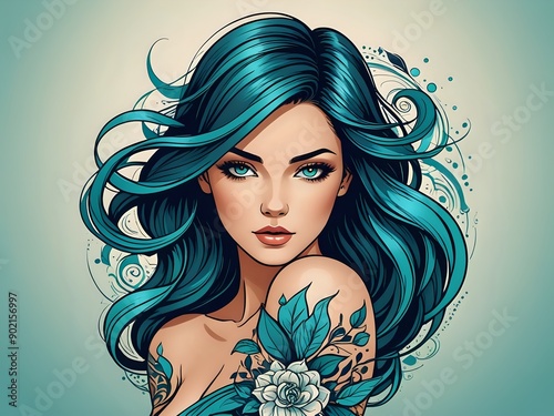 Portrait of a beautiful woman with blue hair and a flower tattoo.