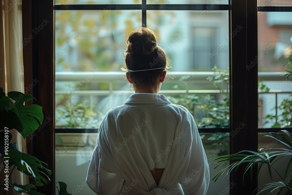 Contemplative Woman in Robe Looking Out Window Contemplative Woman in Robe Looking Out Window